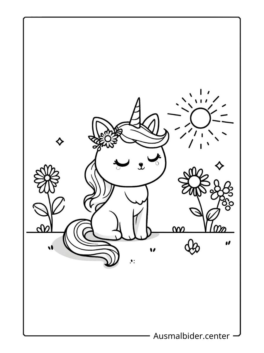 Ausmalbild einer sitzenden Einhorn Katze mit Blumen und Sonne.