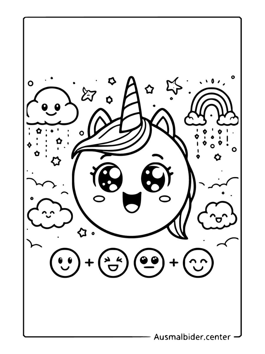 Ausmalbilder Emojis Unicorn fröhliches Einhorn, Wolken und Regenbogen.