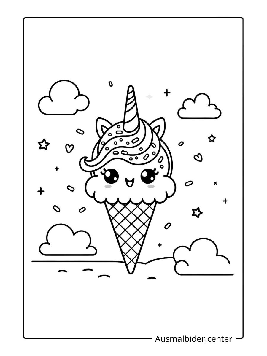 Einhorn Eis Ausmalbild mit welligem Haar und Herzen.