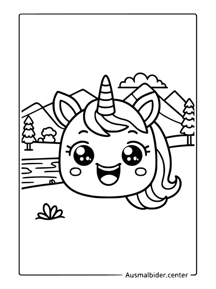 Zum Ausdrucken Ausmalbilder Einhorn Emoji fröhliches Einhorn, Berg, Fluss.