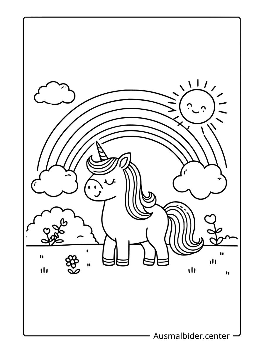 Ausmalbilder Fröhliches Einhorn unter Regenbogen.