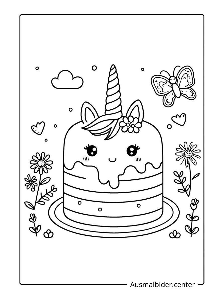 Ein Einhorn Kuchen Ausmalbild mit Lächeln, Blumen und kleinen Wolken.