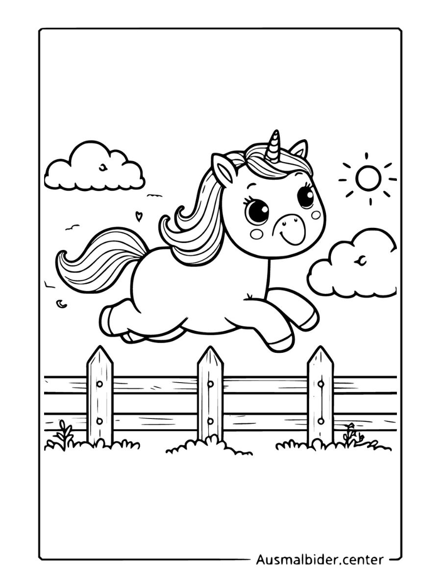 Kawaii Ausmalbilder Einhorn springt über einen Zaun mit Sonne.