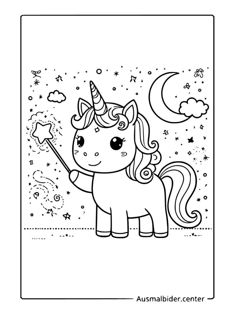 Kawaii Einhorn Ausmalbild mit Mond und Sternen.