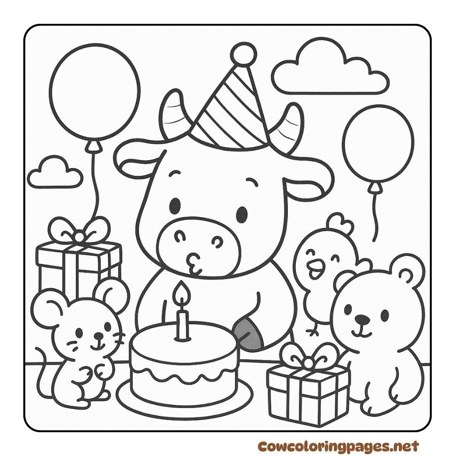 Coloring page of a cow having a birthday with a cake and gifts