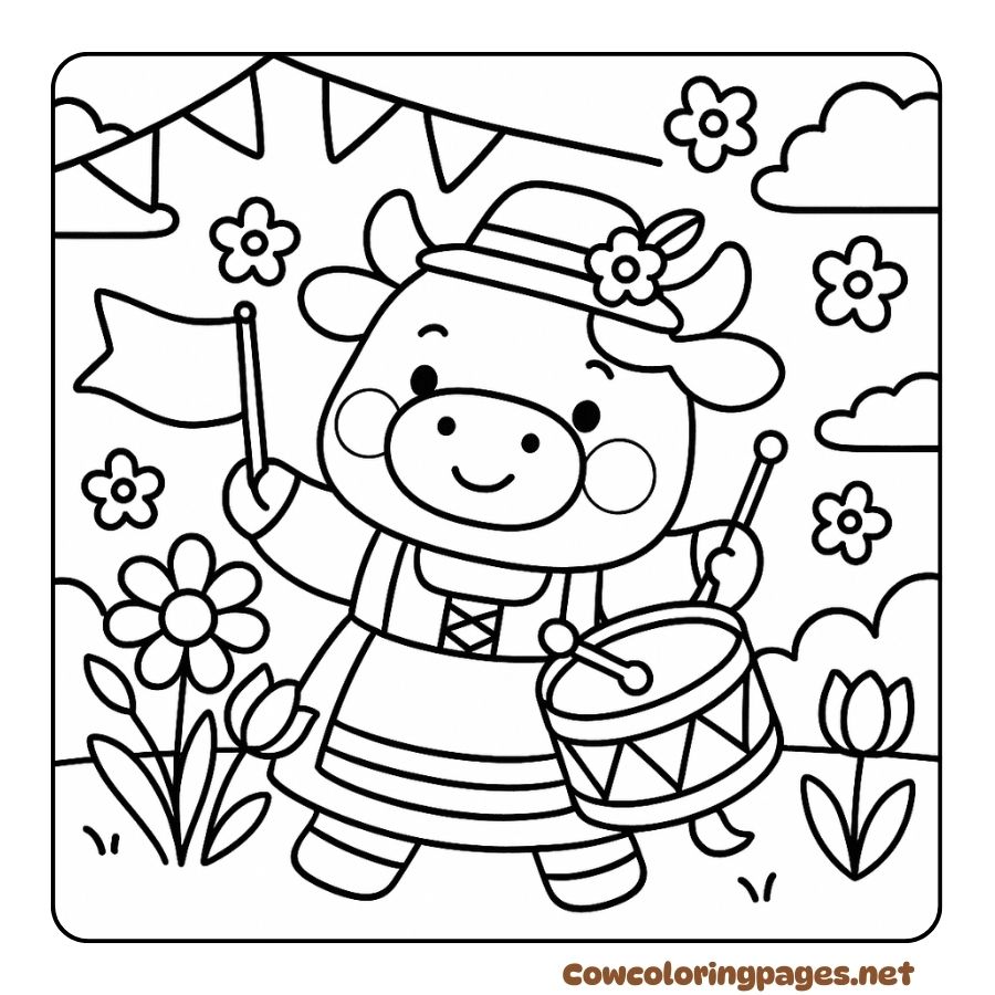 Coloring page of a cow playing drums in a festive atmosphere