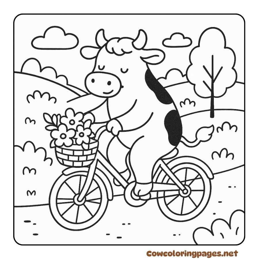Coloring page of a cow riding a bicycle carrying a basket of flowers for a walk