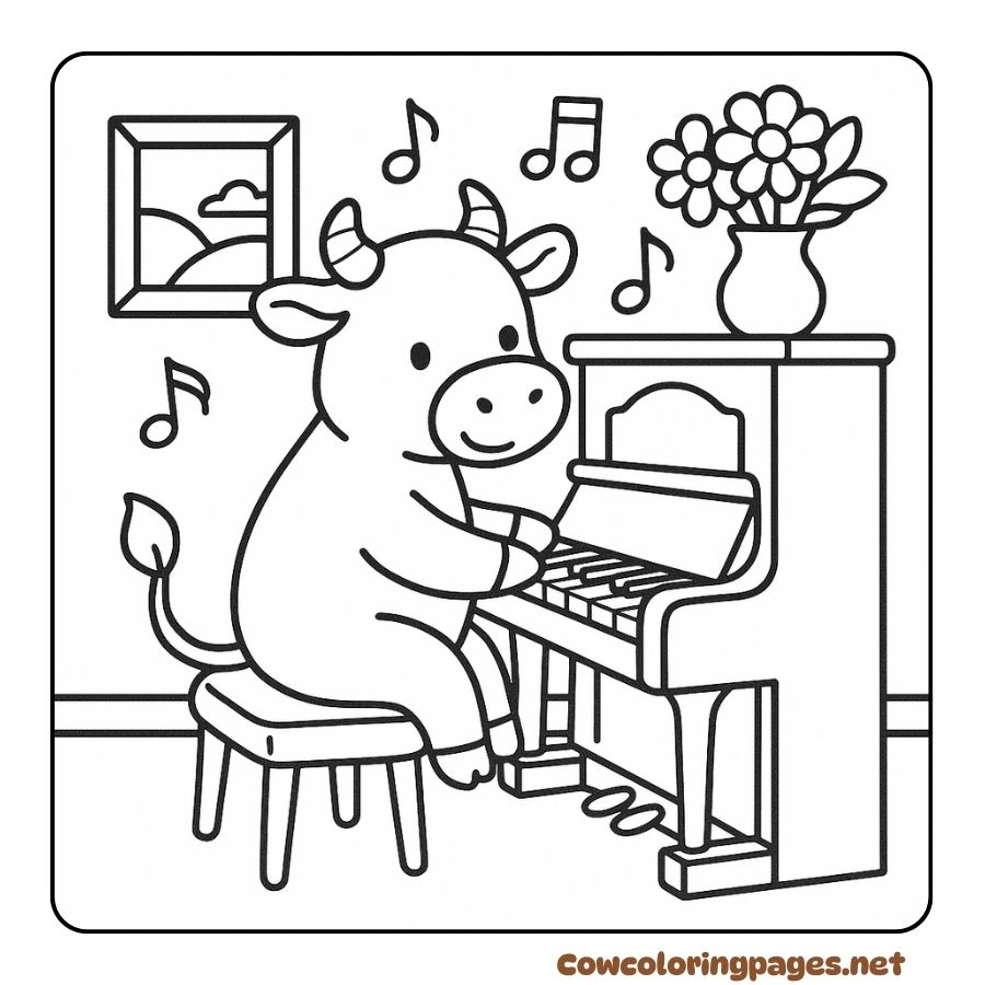 Coloring page of a cow sitting happily playing the piano