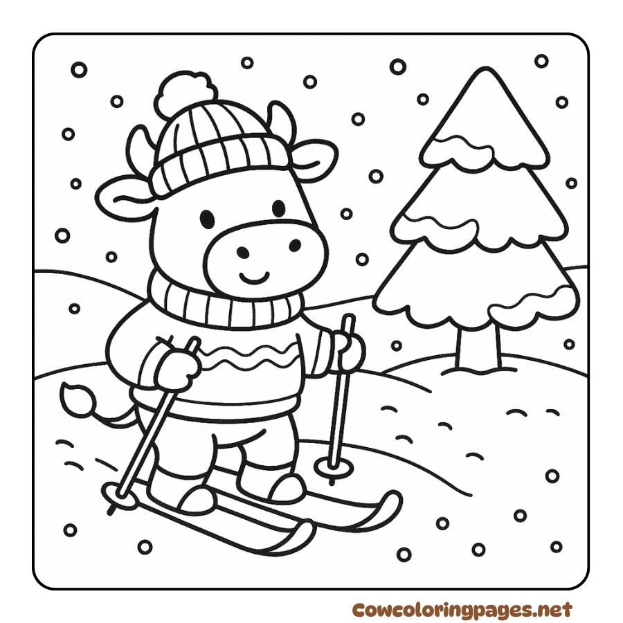 Coloring page of a cow skiing in the forest in winter