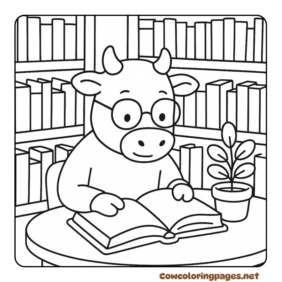 Coloring page of a cow reading a book in a quiet library