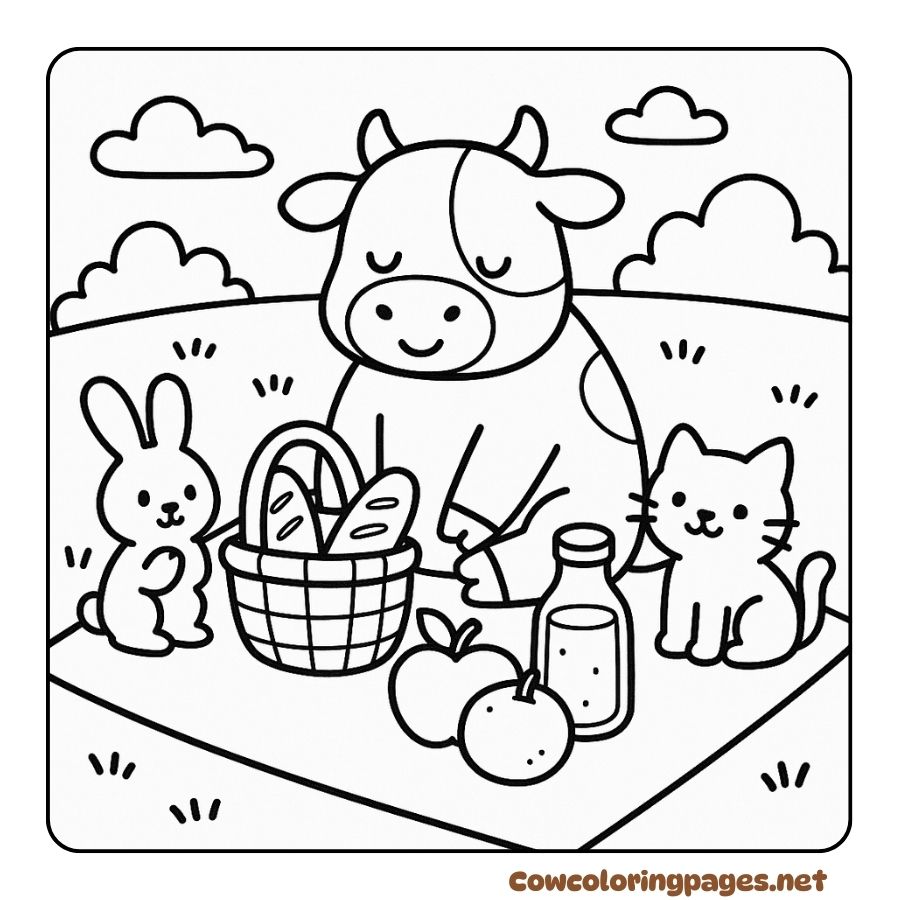 Coloring page of a cow picnicking outdoors with a cat and a rabbit