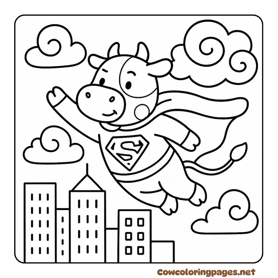 Coloring page of a superhero cow flying in the sky
