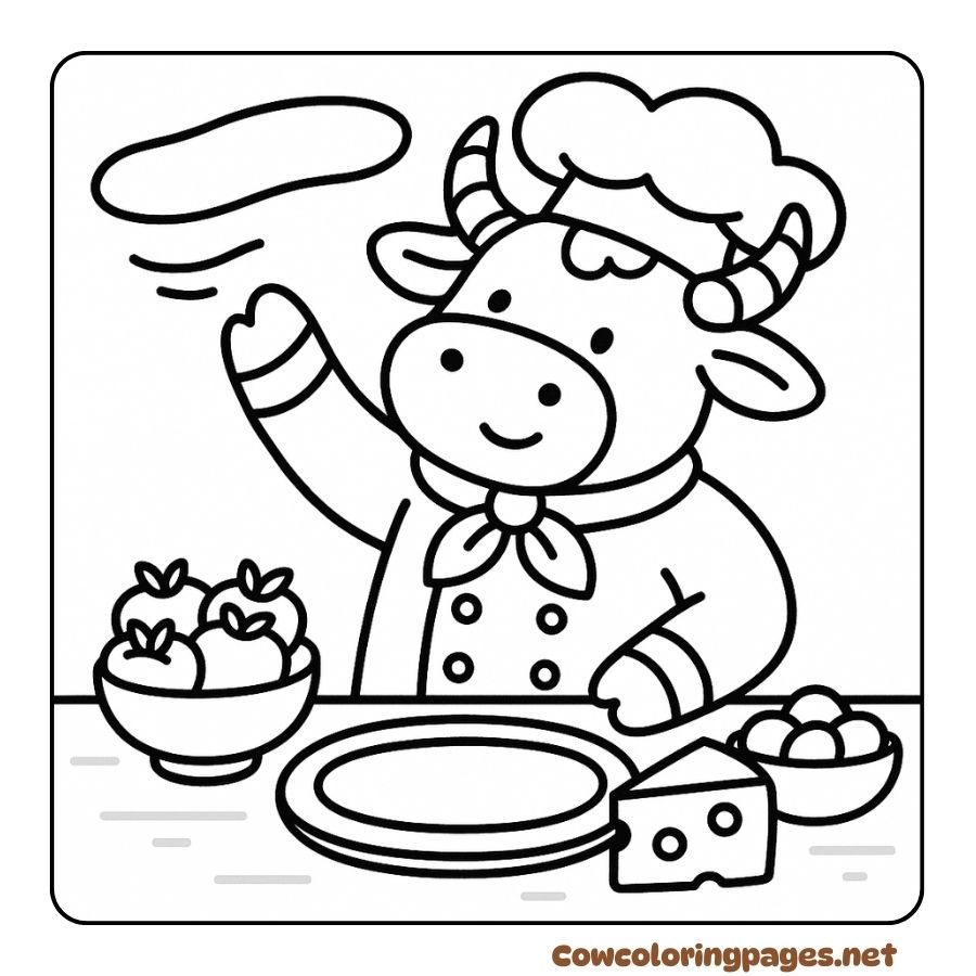 Coloring page of chef cow making pizza with cheese and tomato