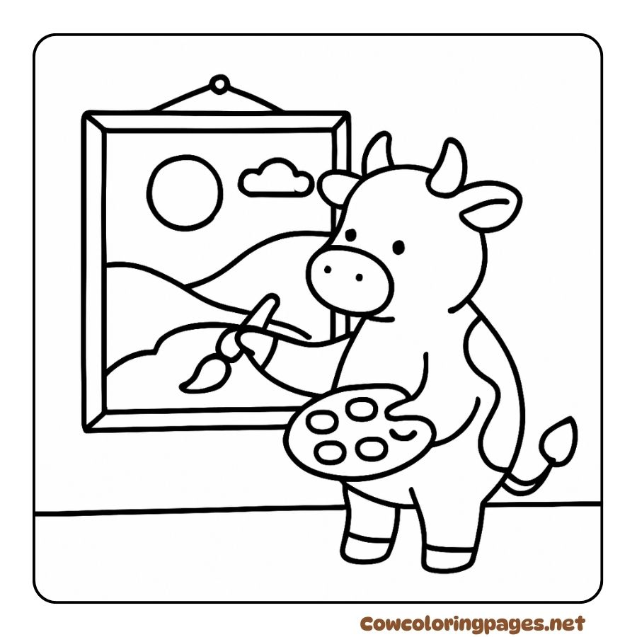 Coloring picture of a cow drawing a picture of the sun on the hill