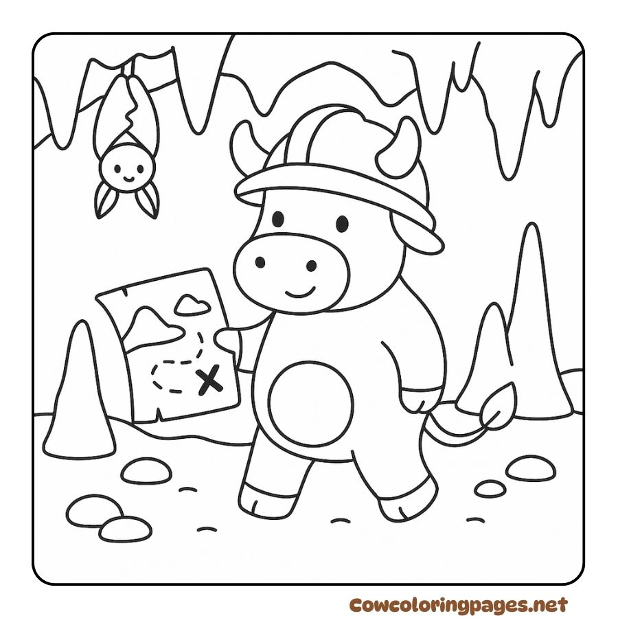 Coloring picture of a cow wearing a helmet looking for treasure in a cave