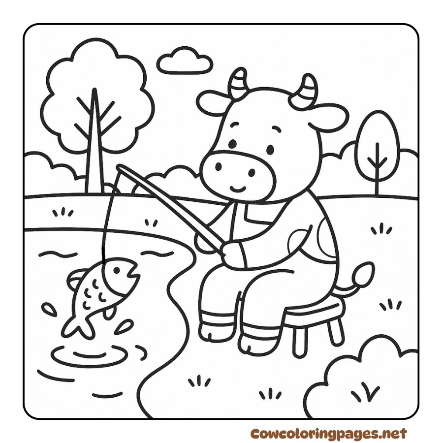 Coloring picture of a cow catching a big fish in a peaceful scene