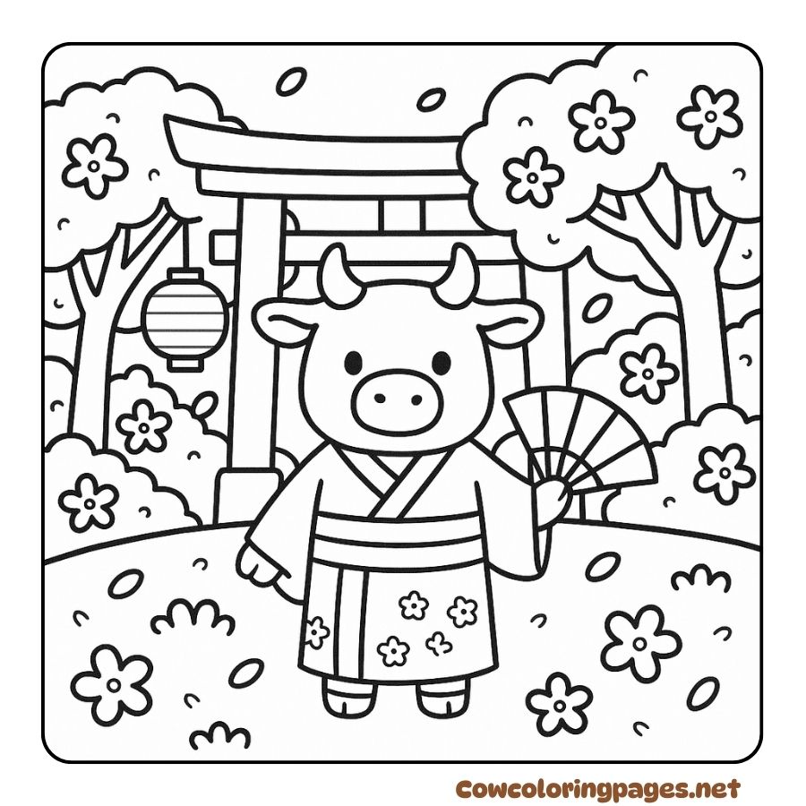 Coloring page of a cow wearing a kimono in a Japanese garden
