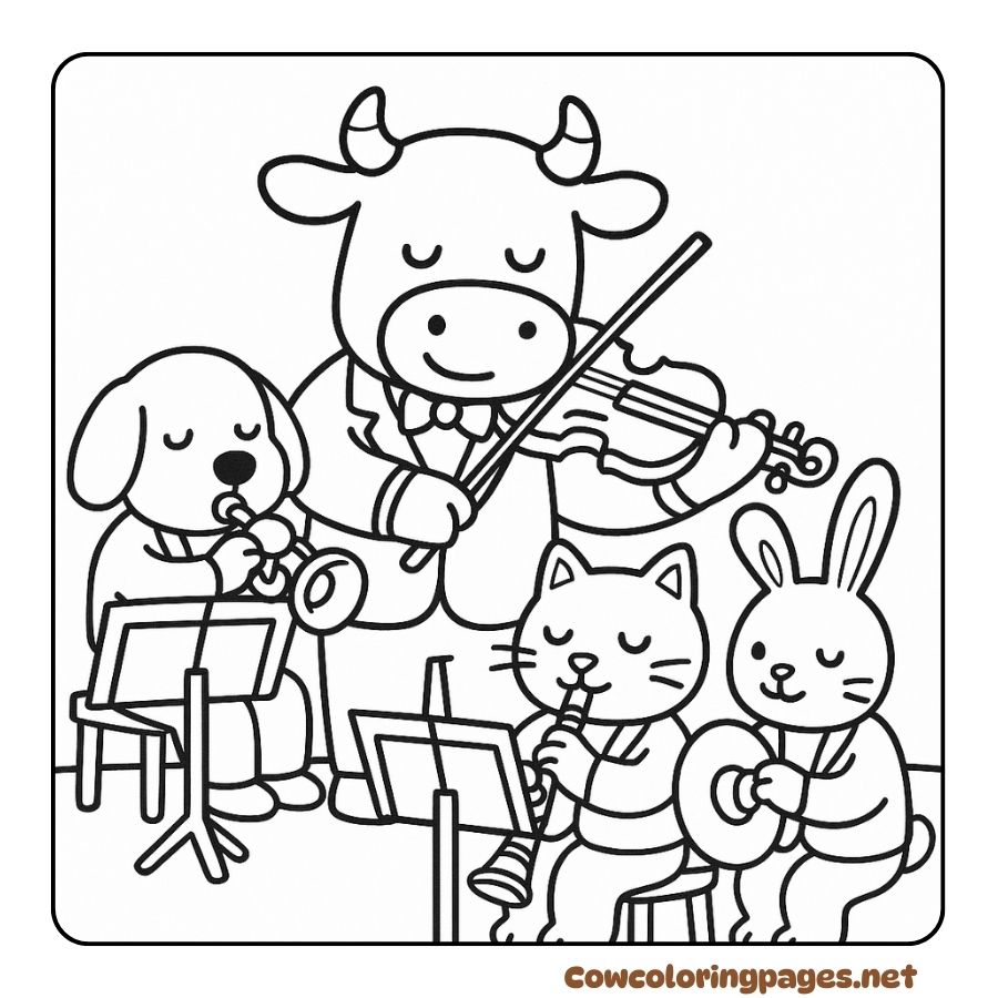 Coloring picture of a cow playing the violin with animal friends