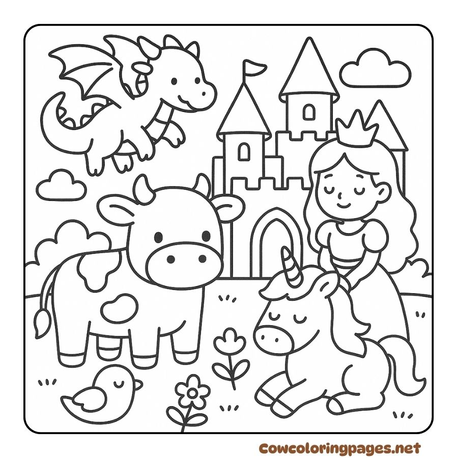 Coloring picture of a cow in a fairy tale world with dragons and princesses
