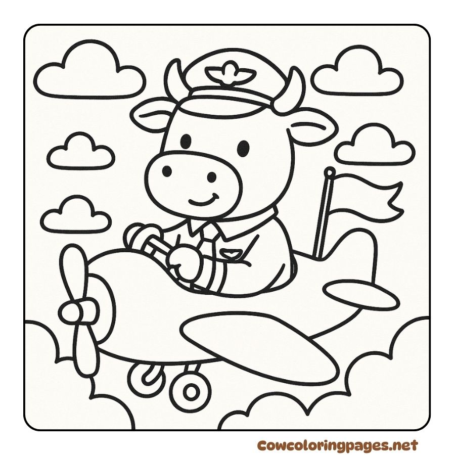 Coloring picture of a cow flying a plane in the clouds