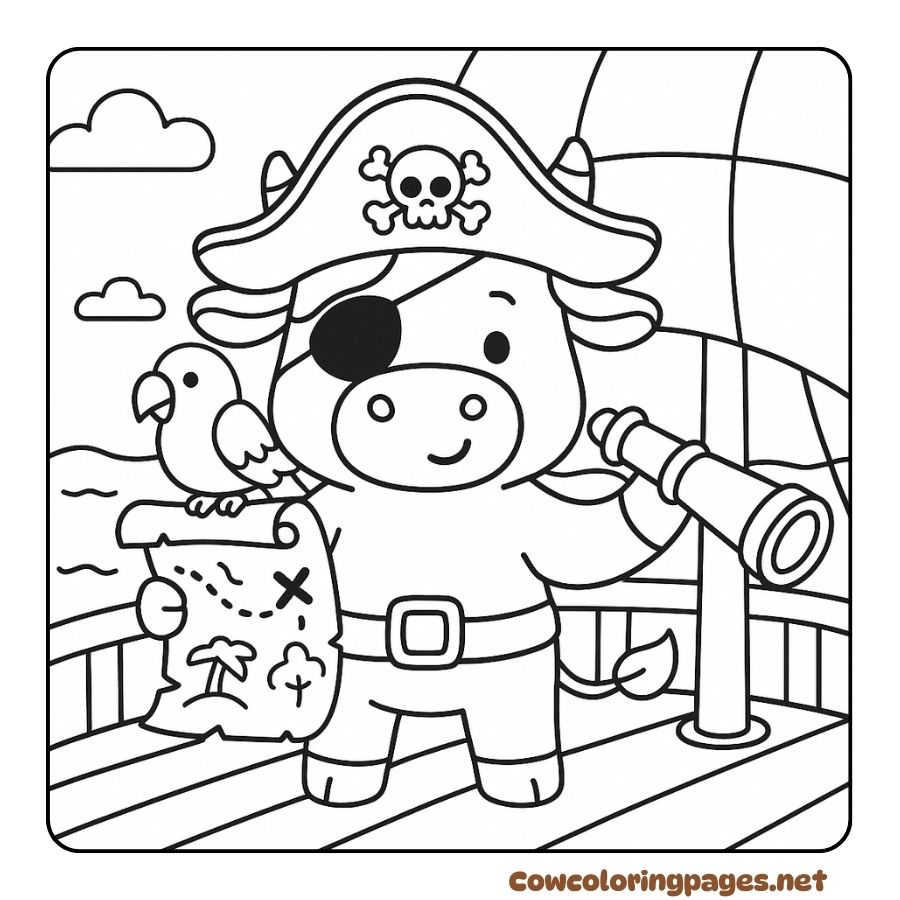 Coloring page of a pirate cow with a map and binoculars