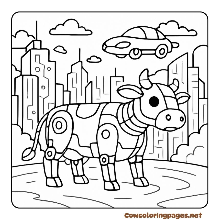 Coloring picture of a robot cow standing in the middle of a futuristic city