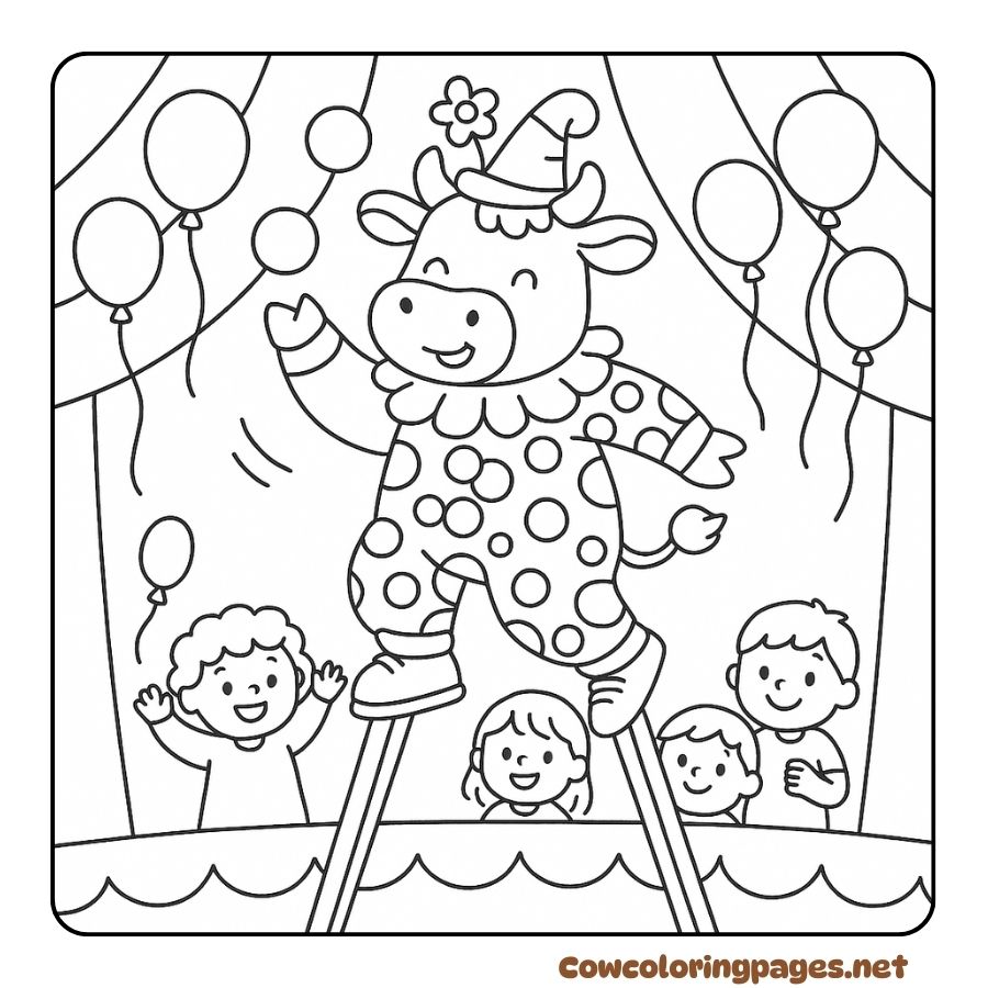 Coloring page of a clown cow performing on a funny circus stage
