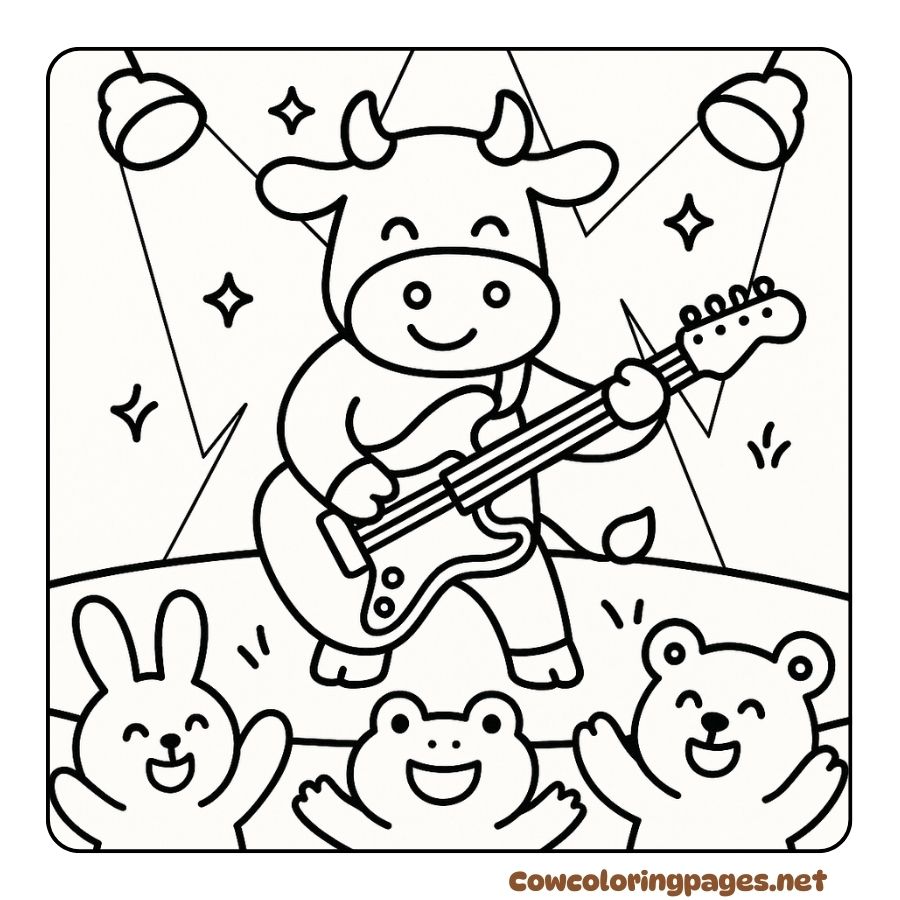 Coloring page of a cow playing rock music that excites the audience