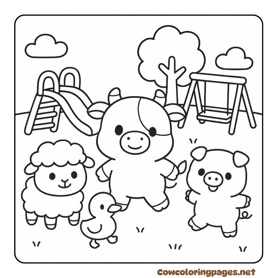 Coloring page of a cow and a child playing in the park