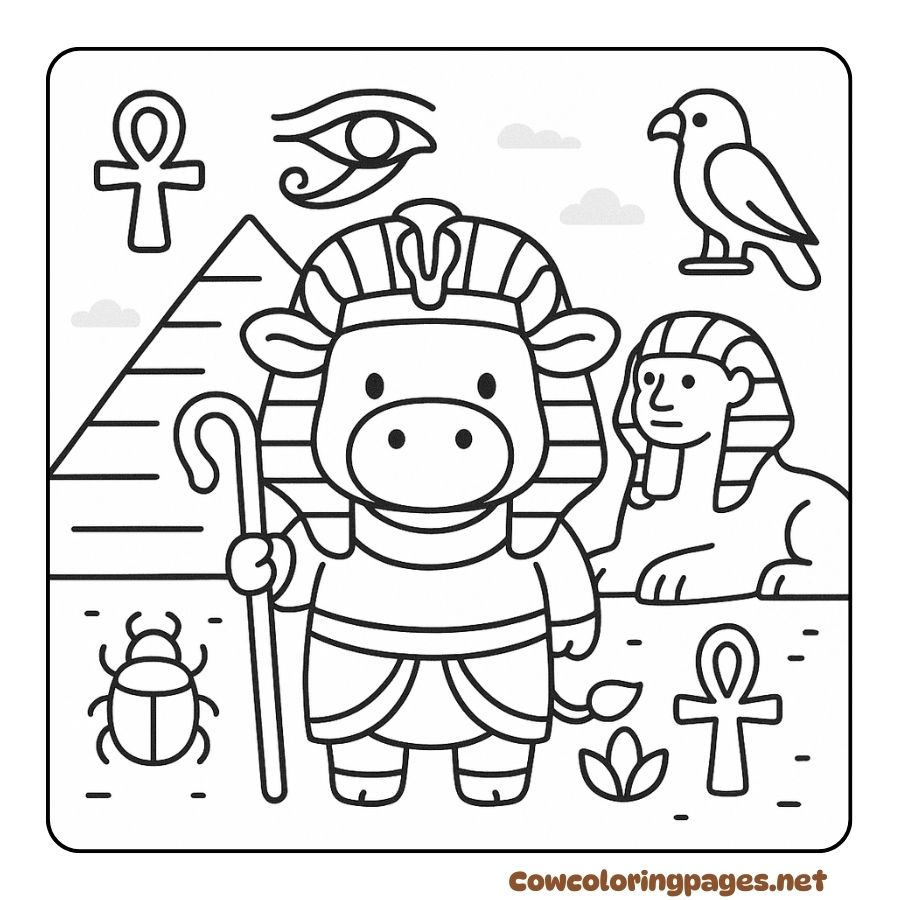 Coloring page of a Pharaoh cow standing in front of an ancient pyramid