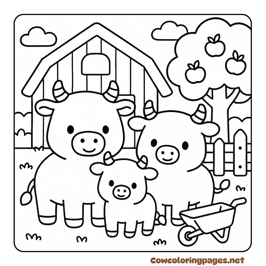 Coloring page of a cute cow family in front of a red barn