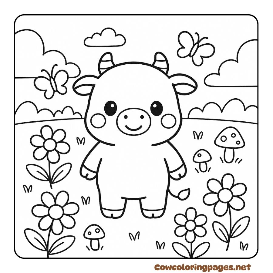 Coloring page of a cow standing in the middle of a colorful flower garden