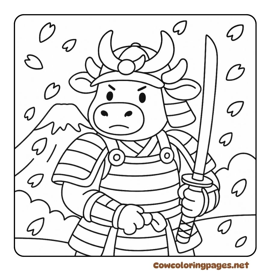 Coloring page of a samurai cow between Mount Fuji and falling flowers