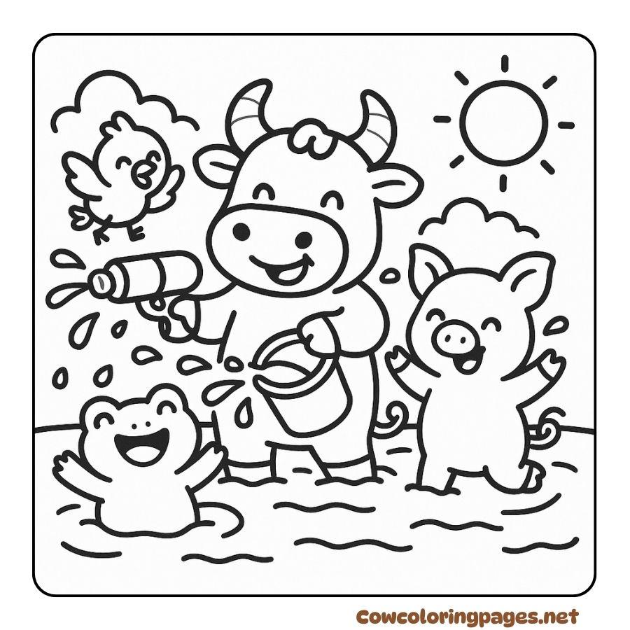 Coloring page of a cow spraying water and playing with pigs and frogs