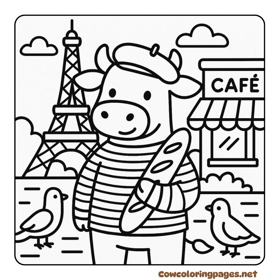 Coloring page of a French cow wearing a beret walking around Paris