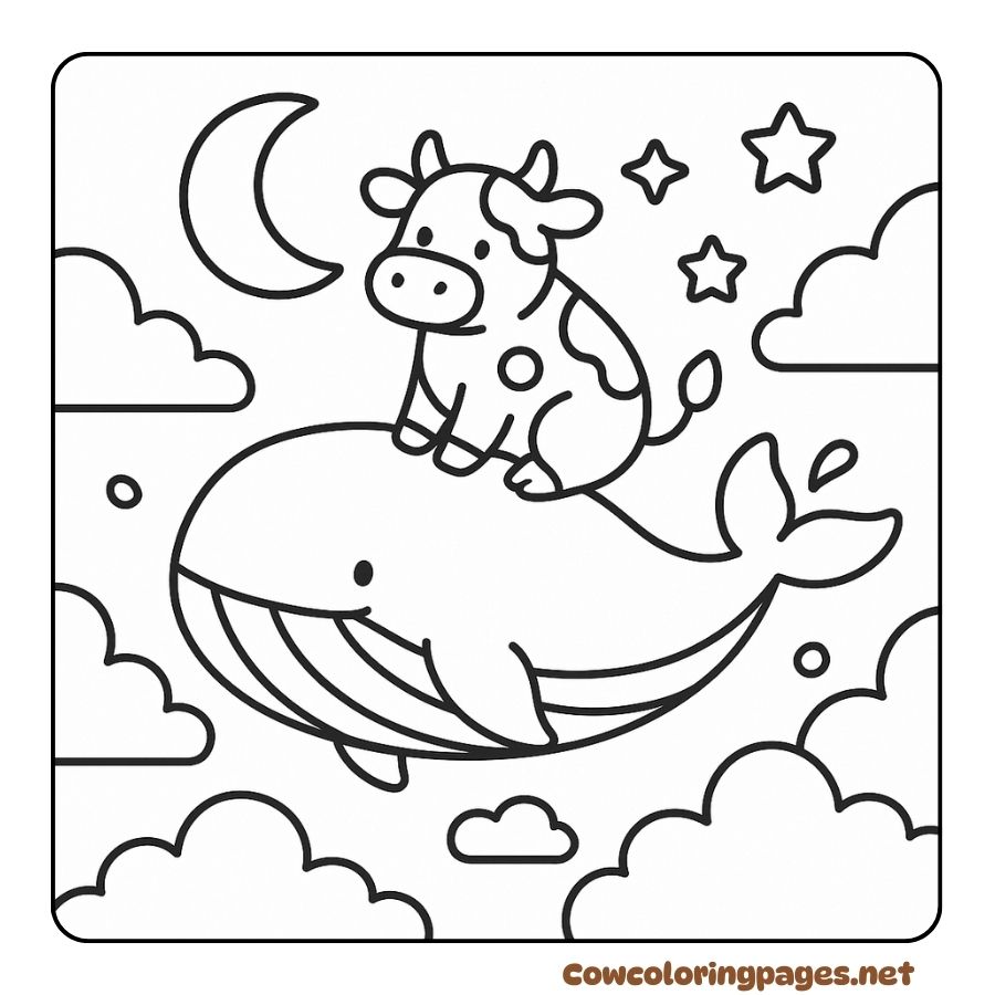 Coloring page of cow riding a whale flying through the starry night