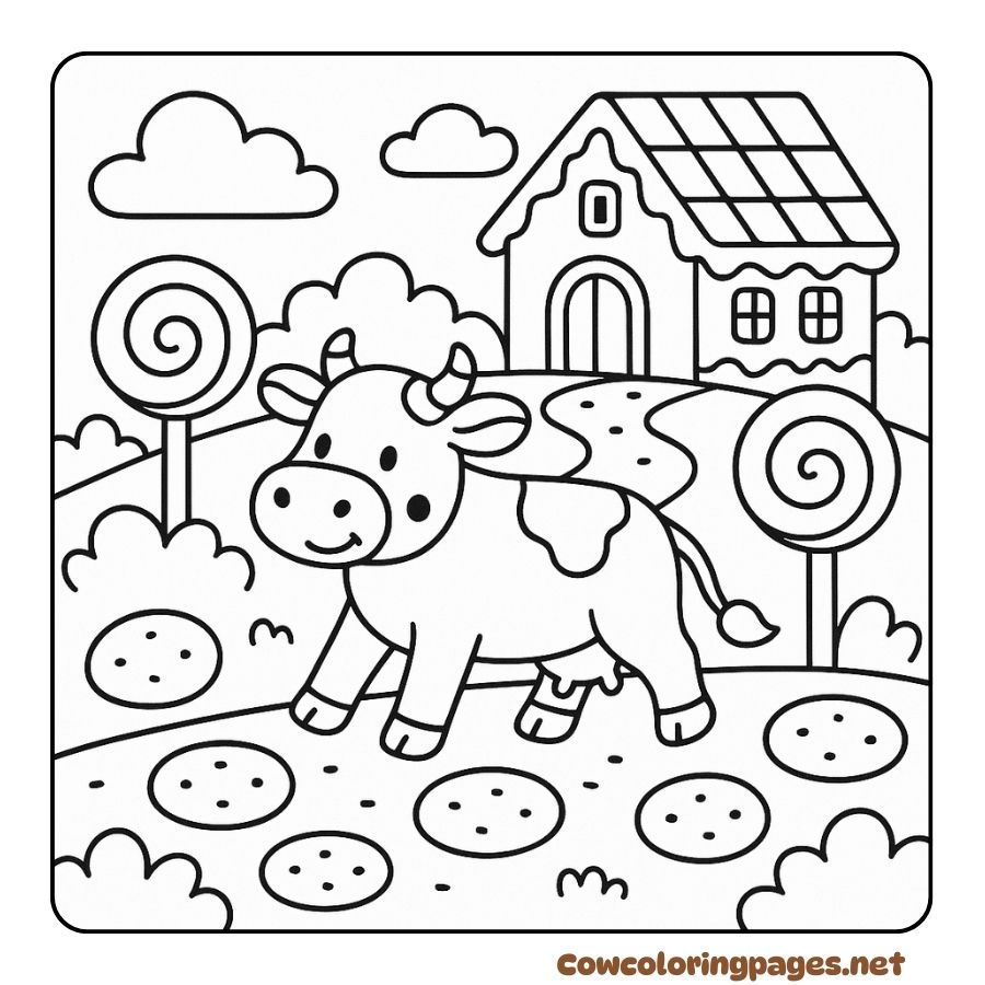 Coloring page of cow walking in the world of cakes