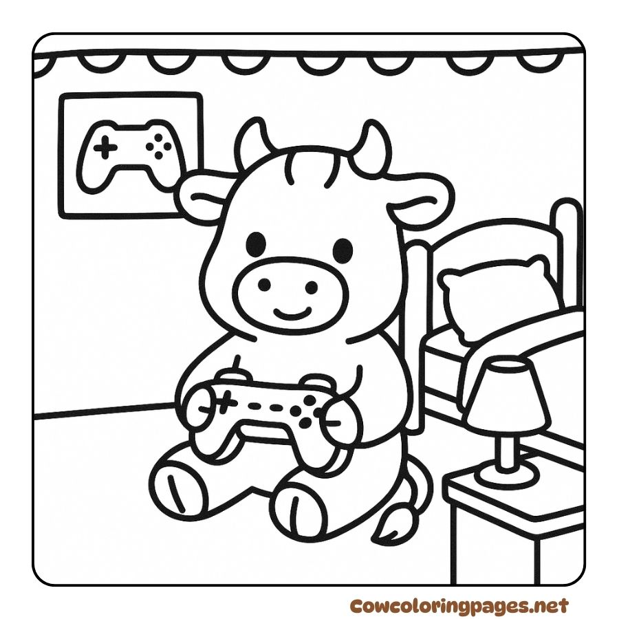 Coloring page of cow playing games comfortably in a small room