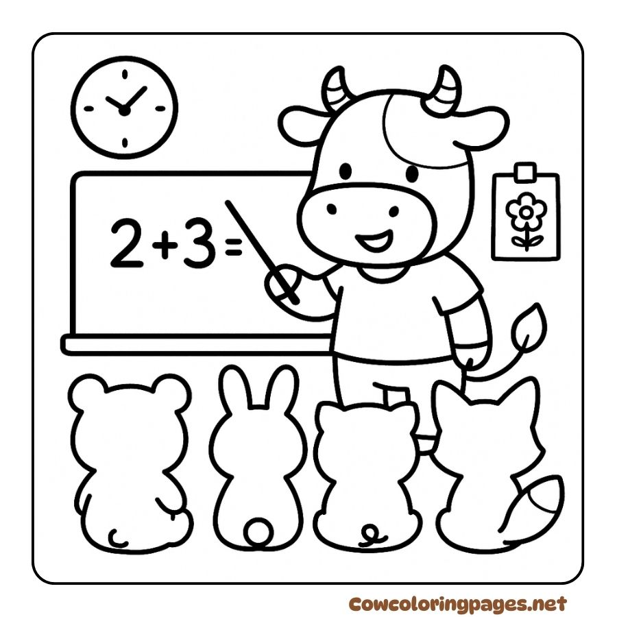 Coloring page of cow teaching math to friends in fun