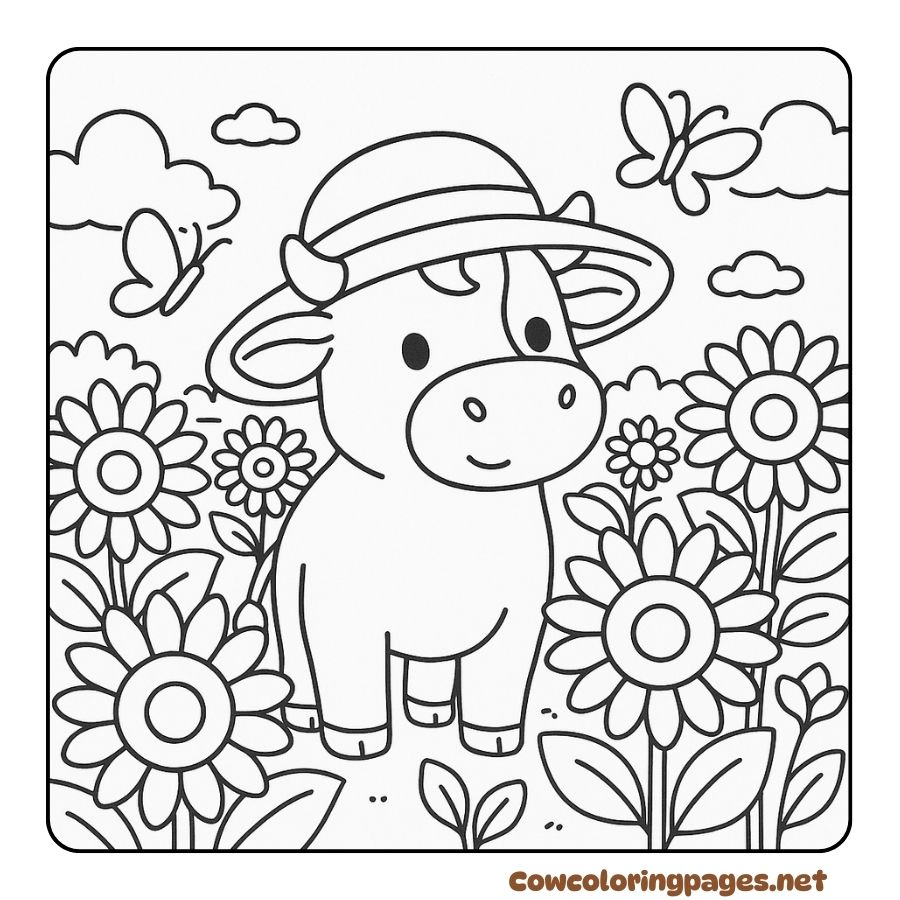 Coloring page of cow wearing a hat and walking among fresh flowers