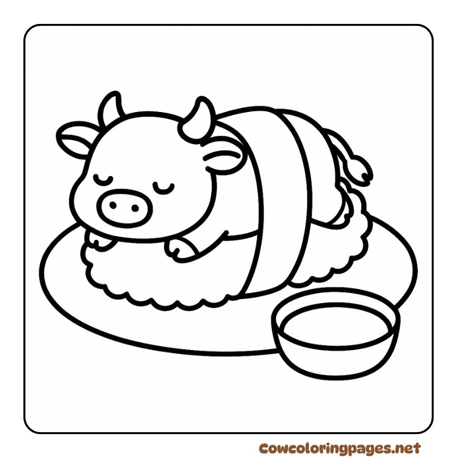 Coloring page of cute sushi cow lying on rice rolls