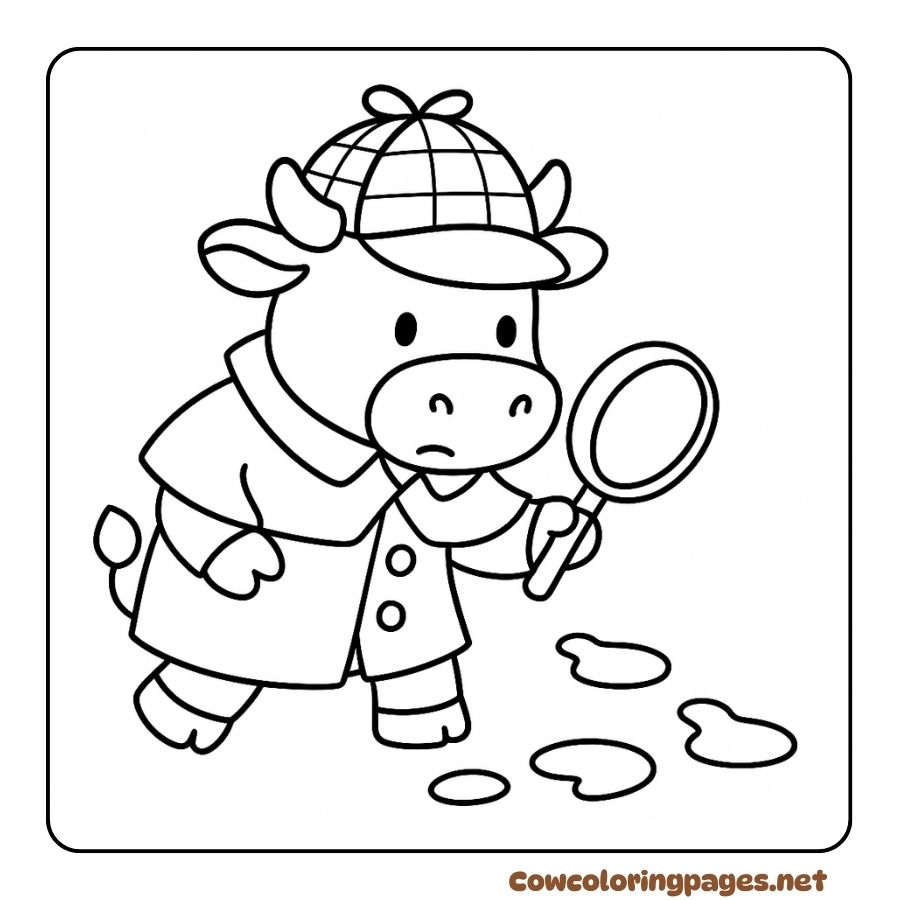 Coloring page of cow transforming into a detective looking for clues