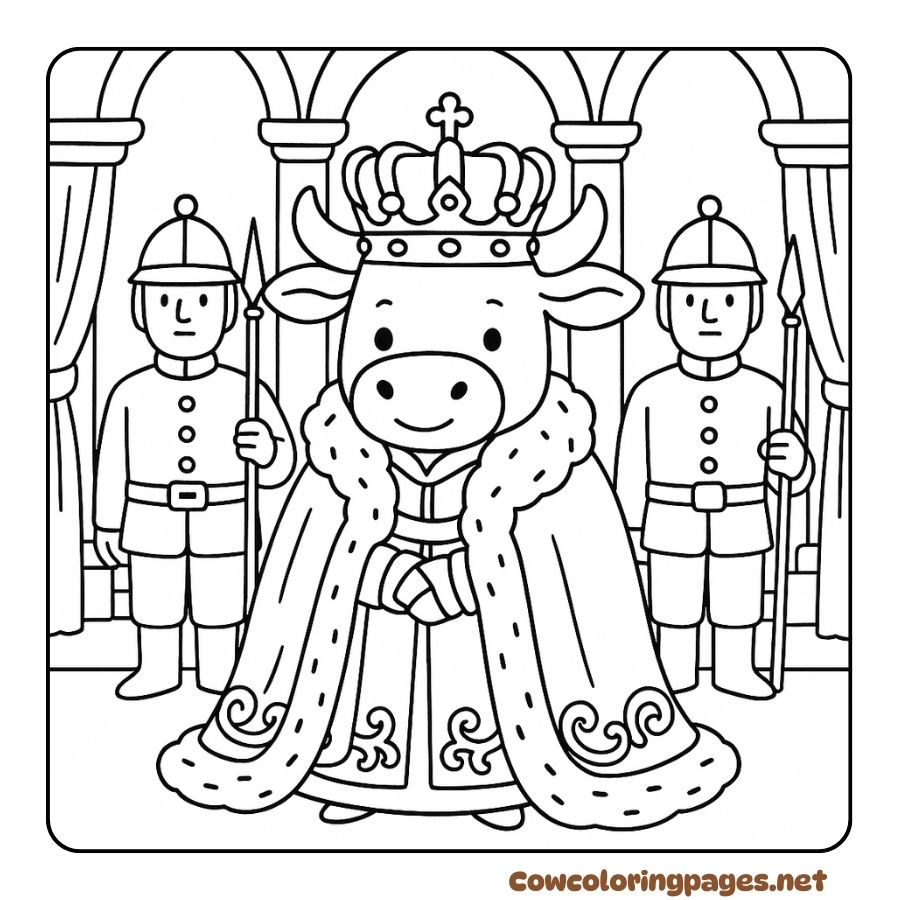 Coloring page of cow being king between palace and guard