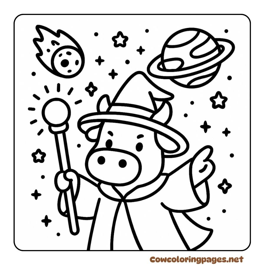 Coloring page of witch cow in a starry space