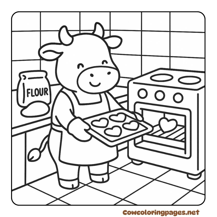 Coloring page of cow wearing heart-shaped apron baking cakes in the kitchen