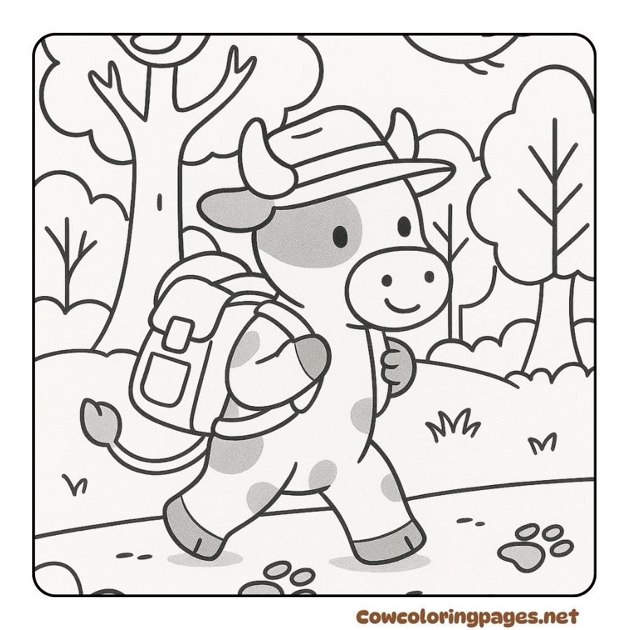 Coloring page of cow wearing backpack exploring green forest full of trees
