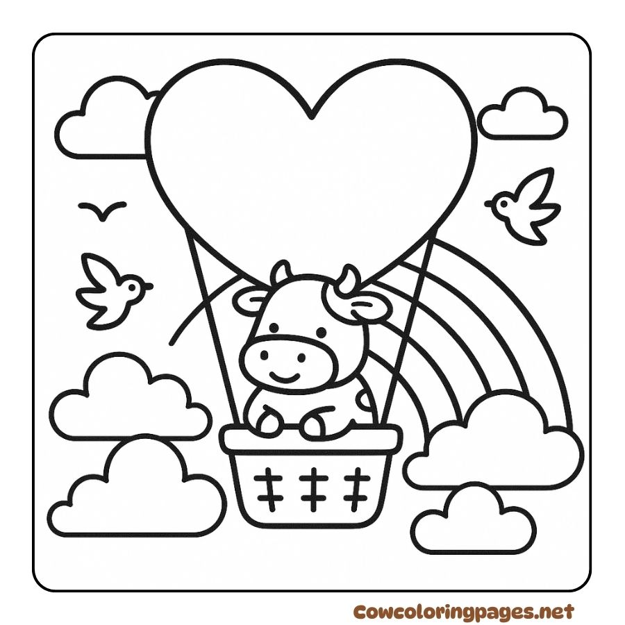 Coloring page of cow flying in heart-shaped and rainbow hot air balloon