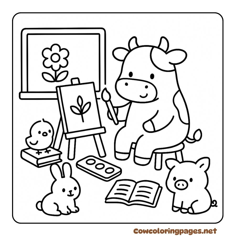 Coloring page of cow sitting and drawing a flower picture with lovely pet