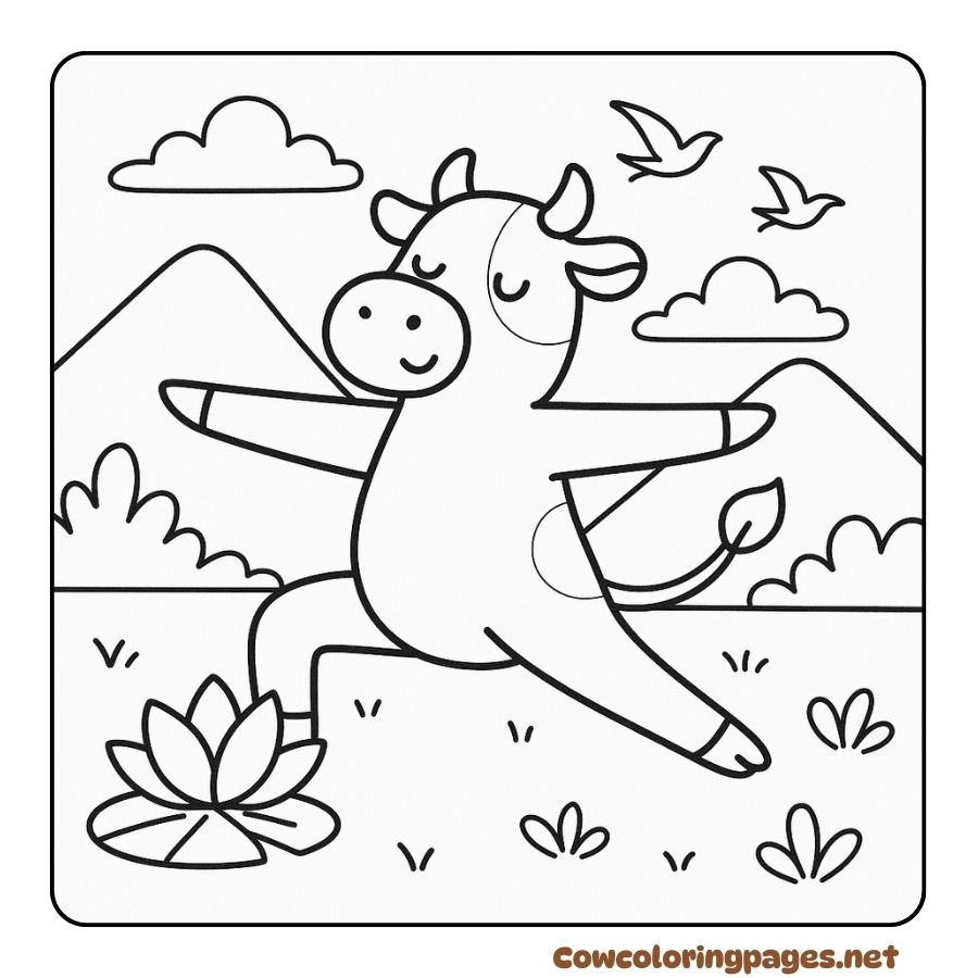 Coloring page of cow practicing yoga on a peaceful field with mountains