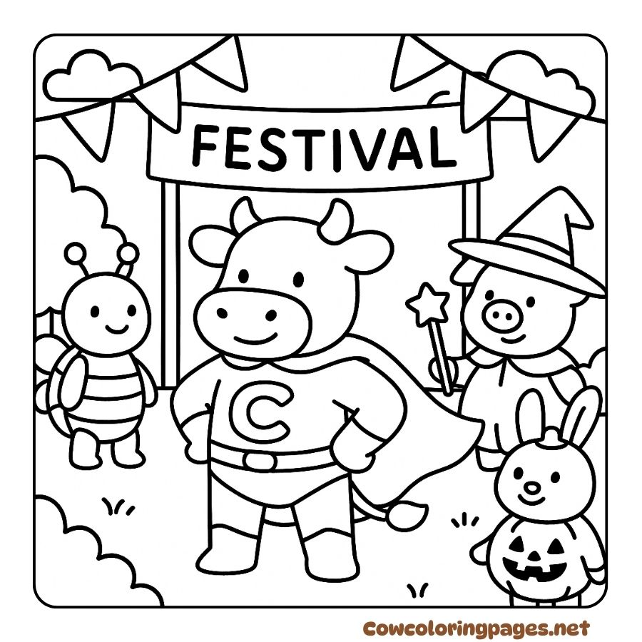 Coloring page of cow and friends dressed up in creative festival